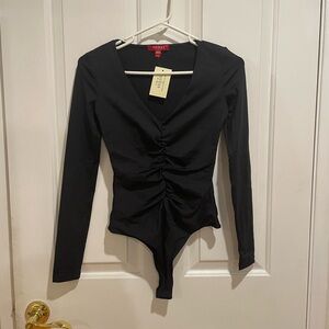 GUESS New Elegant Black V-neck Ruched Bodysuit size XS